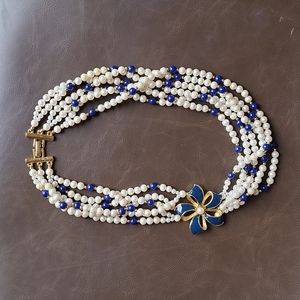 Faux Pearl, Blue Bead, Goldtone, Necklace with Bow Accent
